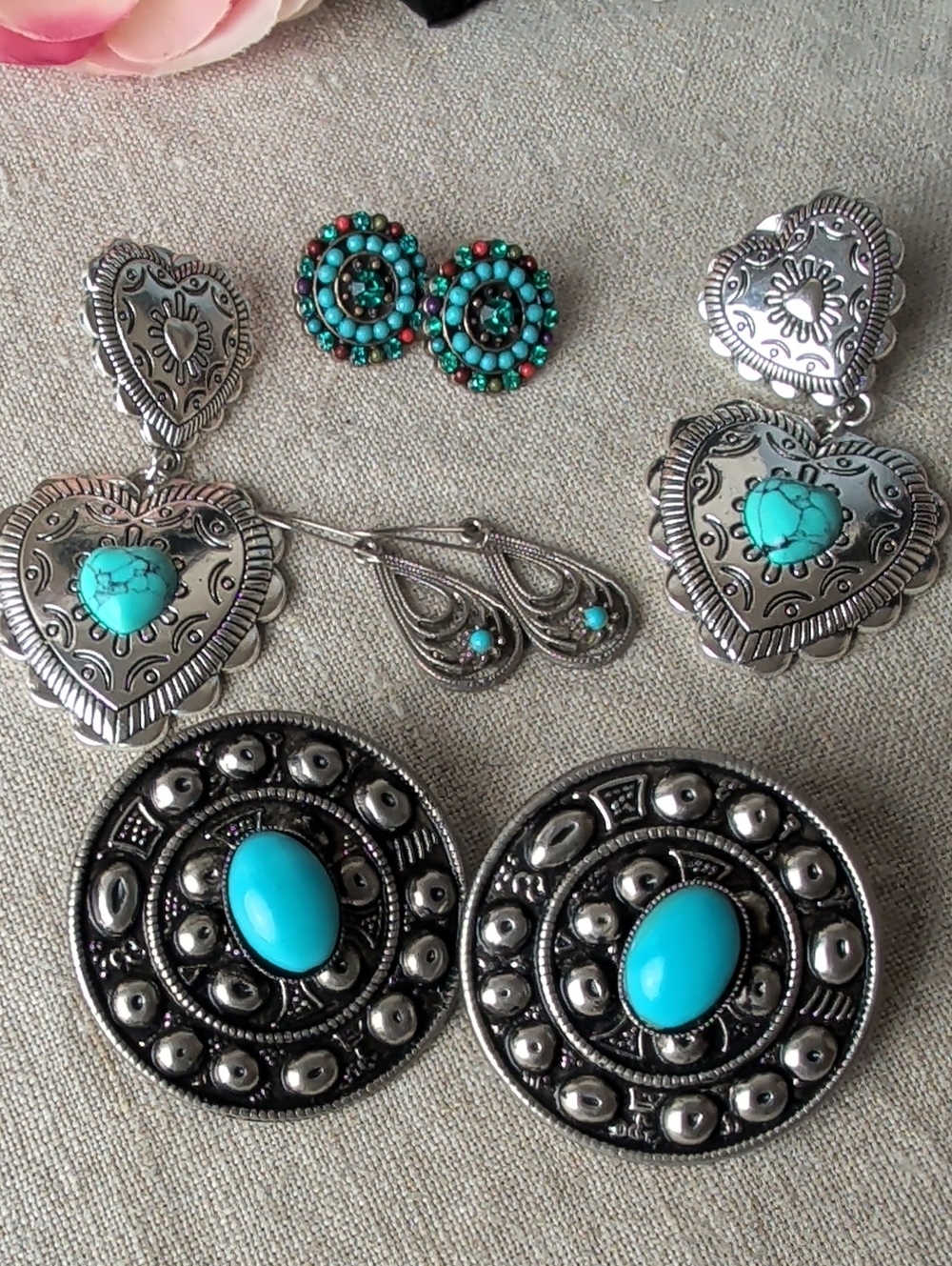 Southwestern Boho Earring Lot of 4 Pairs Turquoise Blue & Silver Tone